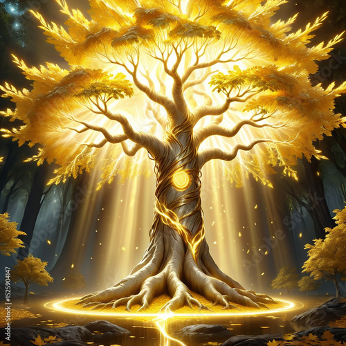 Illuminated golden tree with intricate roots and glowing orb surrounded by mystical forest with ethereal light and vibrant foliage creating a magical atmosphere.