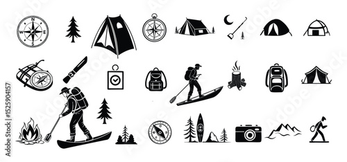 A collection of black and white camping icons and illustrations depicting outdoor adventures