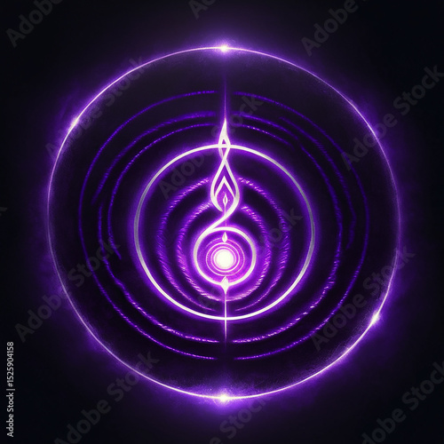 Radiant purple circular design with intricate patterns and a central flame-like symbol radiating energy and light in a mesmerizing abstract composition.