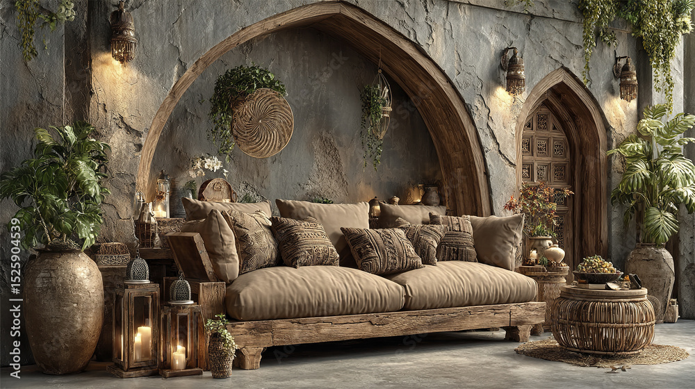Obraz premium cozy boho living room featuring neutral sofa adorned with tribal pillows, surrounded by plants