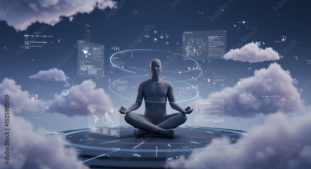 Fototapeta premium Calm Tech: Meditation Scene in Futuristic UI World