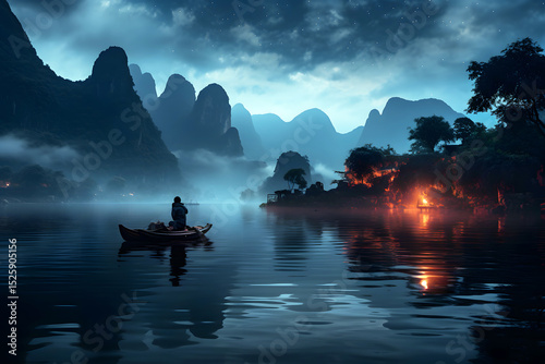 Calm waters and misty mountains at night with a lone boatman in a tranquil landscape