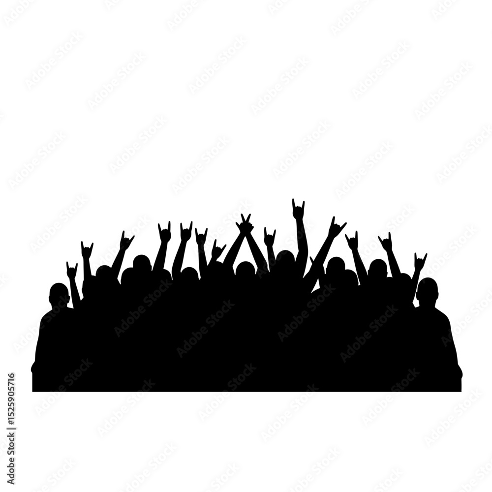 Silhouette of a crowd with hands raised in the rock and roll sign at a concert or performance stage