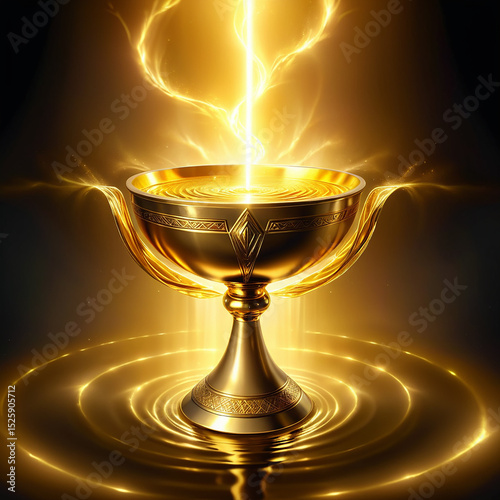 Golden chalice surrounded by glowing energy with radiant light beams illuminating a mystical environment and rippling water reflections beneath.