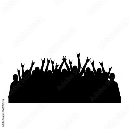 Silhouette of a crowd with hands raised in the rock and roll sign at a concert or performance stage