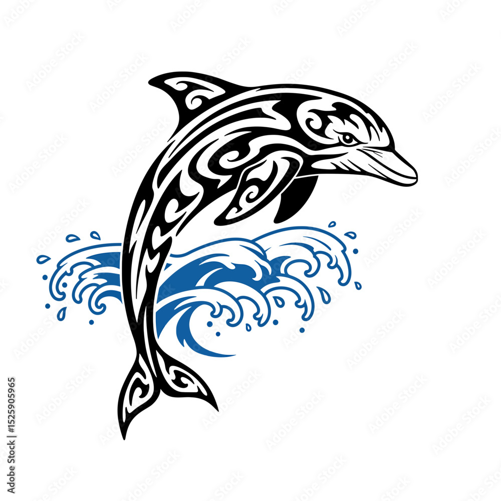 Fototapeta premium Stylized tribal dolphin jumping out of blue waves with intricate black patterns and detailed eye design