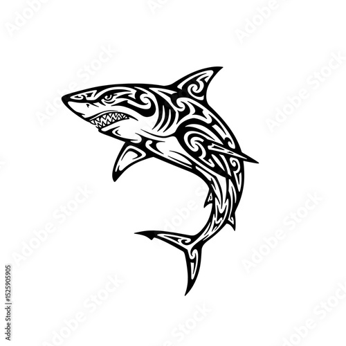 A stylized black and white illustration of a shark with tribal patterns and sharp teeth design artful style
