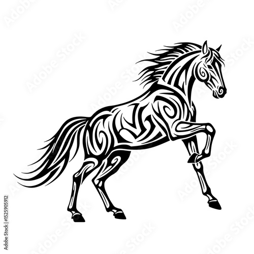 Stylized black and white horse with swirling patterns standing on its hind legs with flowing mane and tail