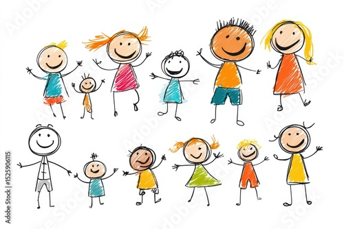 Children's drawings of a diverse family group.