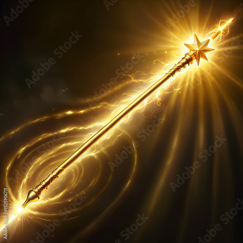 Golden staff radiating light with star design and magical sparkles, shimmering against a dark background, symbolizing power and fantasy, ideal for illustrations in fantasy art or creative designs.