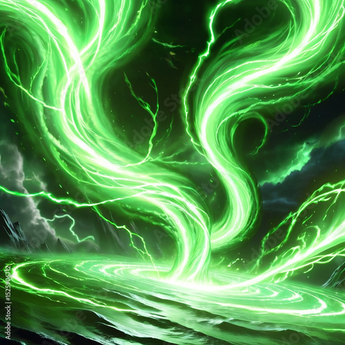 Glowing green energy swirling in a cosmic vortex with bright light trails amidst a dark, mystical background creates an otherworldly atmosphere.