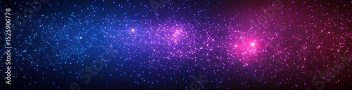 Abstract digital network structure with glowing interconnected nodes and lines in blue and pink hues on dark background, representing technology and connectivity