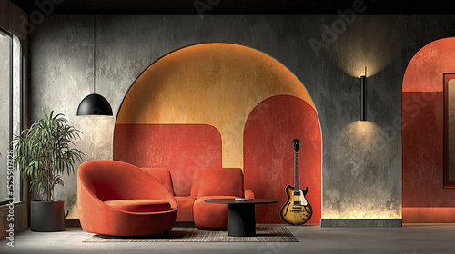 Bright cozy interior with geometric decor, featuring guitar and warm colors