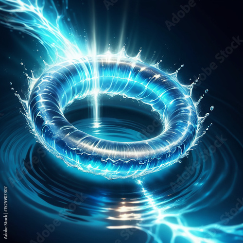 Glowing blue water ring creating ripples in dark background with vibrant light effects reflecting off the surface and enhancing the sense of movement and energy in the scene.