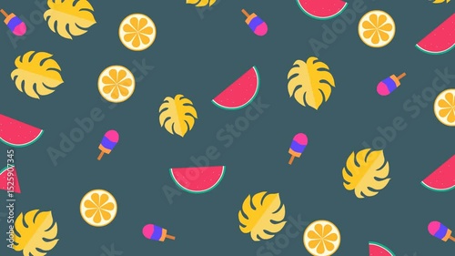 Seamless 4K animated summer background with floating tropical icons like watermelon, ice cream, orange slices, and leaves on a dark teal backdrop. Playful loop for summer-themed projects.