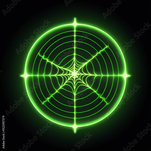 Glowing green spider web design on a black background creating a stark contrast, illustrating the intricate patterns and symmetry of a spider's web in a modern artistic representation.
