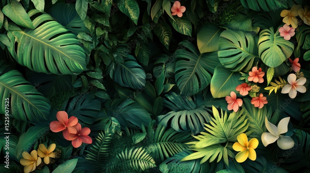 Naklejka premium Lush Tropical Paradise: A Vibrant Tapestry of Exotic Flora