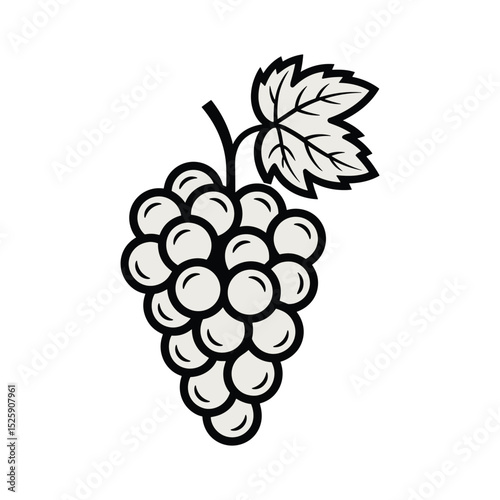  Grape Bunch black and white Vector Illustration Cartoon Fruit Icon with Leaf