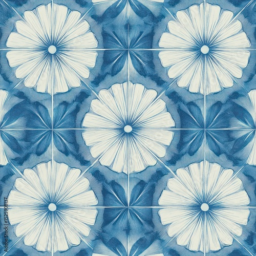 Seamless pattern of large white flowers with fine lines surrounded by blue leafy shapes on a light blue tiled background, creating a calm and elegant floral design