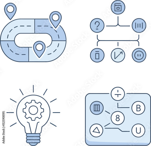 Enterprise development icons. Brain dashboard, bar chart, toolkit items, and idea bulb for business success  