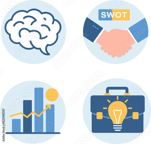 Corporate tools icon set. Brain icons, SWOT wheel, briefcase, and analytics chart for business decision planning  