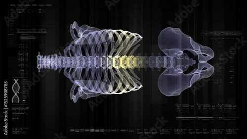 Futuristic biomedical concept with advanced holographic scanning and HUD diagnosing spinal disc herniation using 3D holograms of a patient’s backbone, AR, and real-time medical imaging