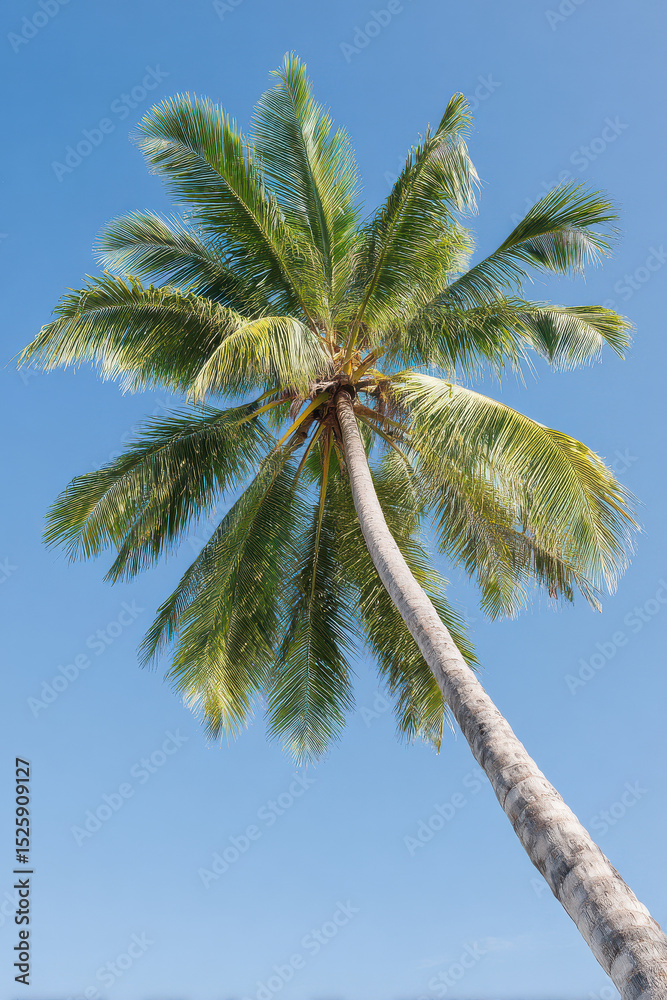 Naklejka premium tropical palm tree viewed from below against clear blue sky