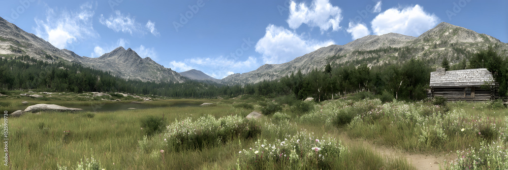 Fototapeta premium Tranquil Alpine Meadow at Sunrise with Rustic Cabin and Wildflowers