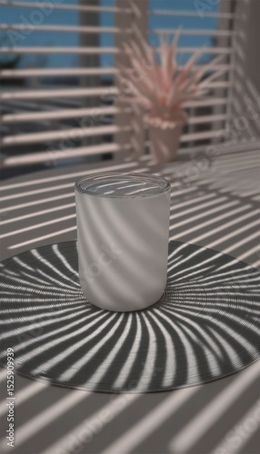 A pale glass cup on a patterned plate
