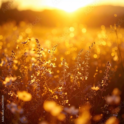 Wildflowers glow in a sunlit field, bathed in golden light during a beautiful sunset.