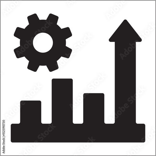 Chart with gear wheel icon. Market setting business icon. Icon symbol compatible for sales chart, graph, market, profit, trade strategy, trading. Vector illustration.