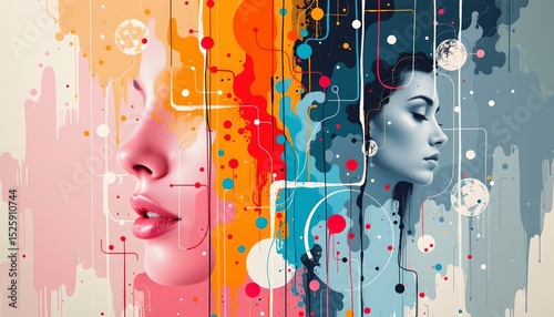 two halves of a woman's face superimposed over a vibrant, abstract background. her eyes and lips are visible, with her expression appearing contemplative