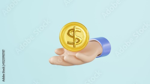 3d cartoon hand holding dollar coins icon isolated on blue background. investment business concept, alpha channel