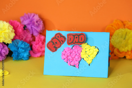 Beautiful, handmade card for dad for Father's Day. Children's creation of a card. Ideas of how it could look. Cute heart on the envelope. Gift for the best dad in the world.