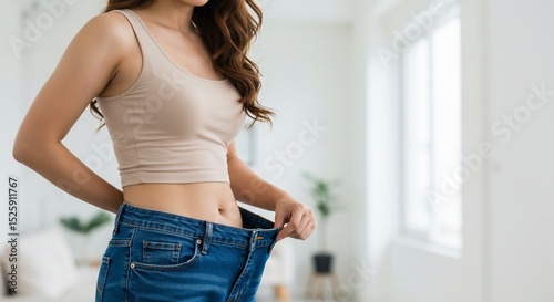 Wallpaper Mural Woman loose jeans show weight loss, healthy lifestyle at bright background Torontodigital.ca