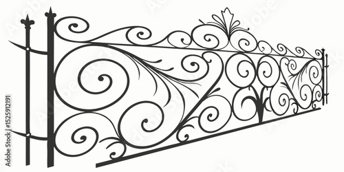 Wrought iron fence and gate with floral vintage scroll design in black and gold vector illustration.