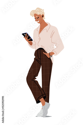 Modern young man using smartphone and wireless headphones, gadgets and social media, online communication. Flat cartoon character, vector illustration isolated on white background.