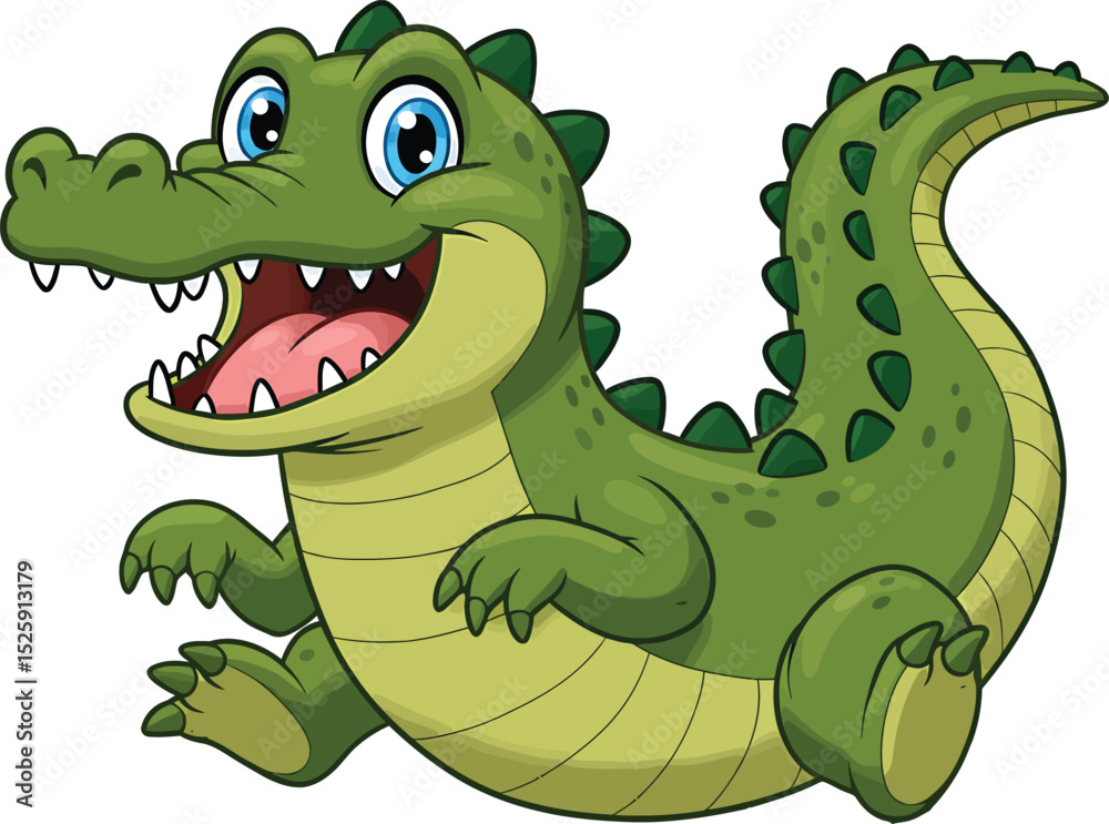 Fototapeta premium Friendly Cartoon Crocodile with Big Blue Eyes on White Background