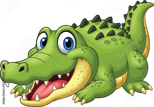Friendly Cartoon Crocodile with Big Blue Eyes on White Background