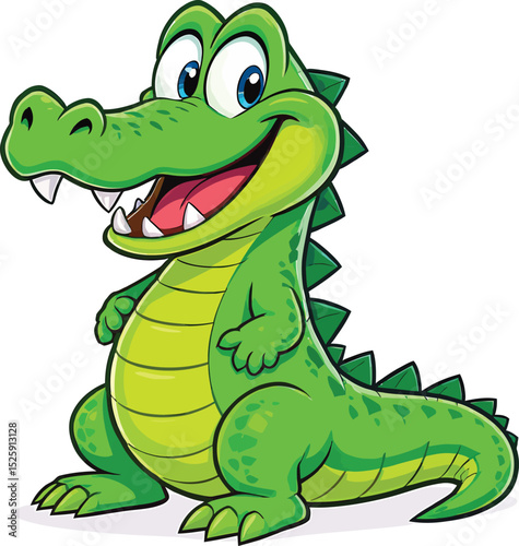 Friendly Cartoon Crocodile with Big Blue Eyes on White Background