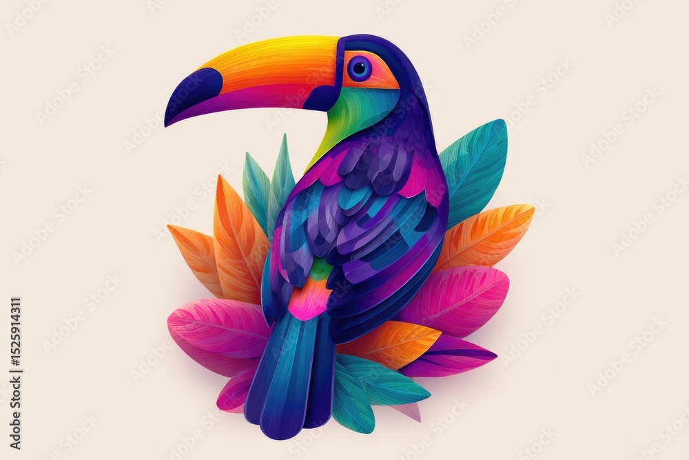 Obraz premium Vibrant toucan with colorful leaves.