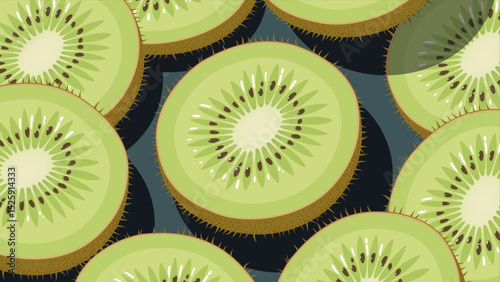 Artistic Arrangement of Juicy Kiwi Slices Highlighting Seeds and Vibrant Green Flesh