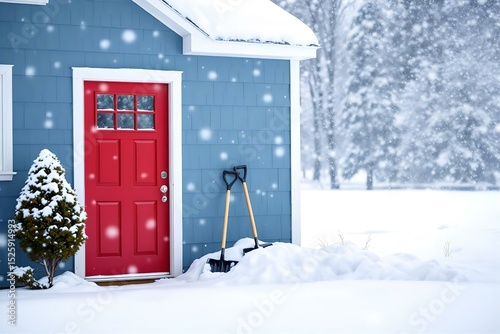 Winter Home Scene: Red Door, Blue House, Snow Shovels, and Snowy Landscape - Cozy Winter Image