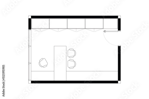 2 dimension floor plan with furniture layout home office, line black isolated on white background. Set 4