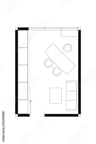 2 dimension floor plan with furniture layout home office, line black isolated on white background. Set 7