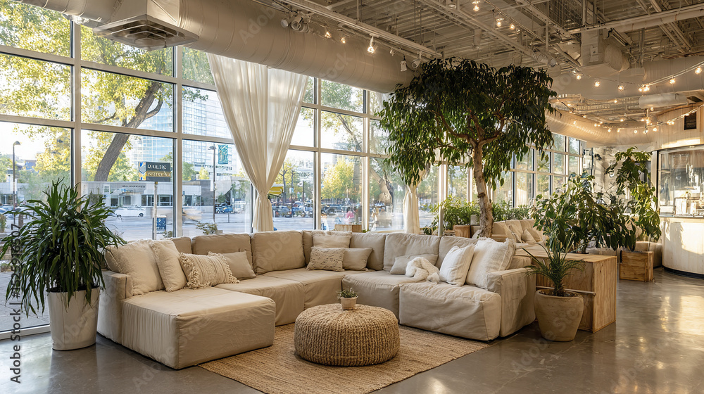 Fototapeta premium Cozy modern lounge with large windows, potted plants, and comfortable seating
