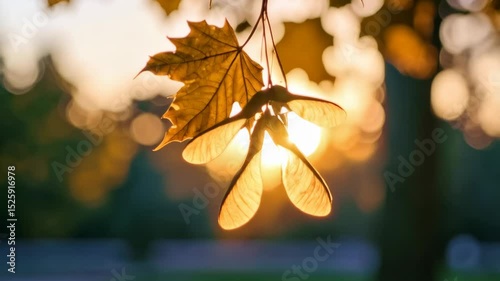 Golden autumn maple leaf and seeds backlit by warm sunset light in a park, blurred background of green leaves