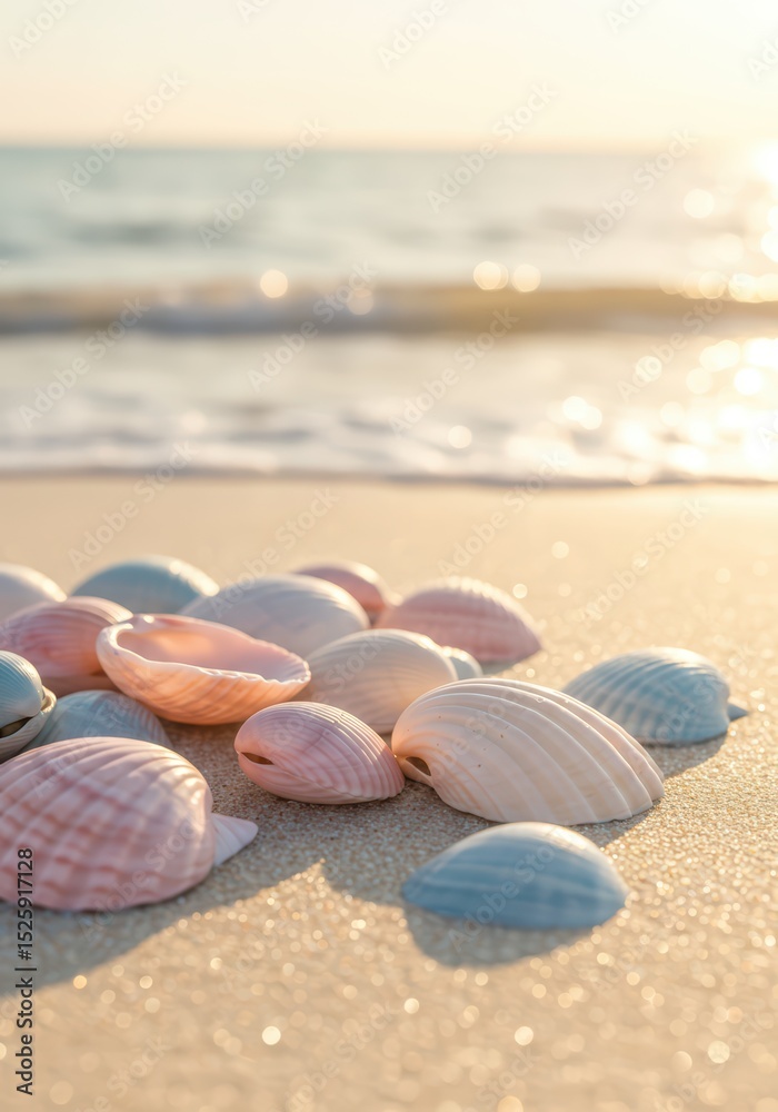 Pile of seashells on sandy beach with sparkling ocean waves in background during sunset. Idyllic nature scene for summer vacation banner and travel promotion.
Pile of seashells on sandy beach with sparkling ocean waves in background during sunset. Idyllic nature scene for summer vacation banner and travel promotion.