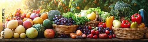 Abundant arrangement of fresh fruits and vegetables including grapes, apples, peppers, broccoli, lettuce, tomatoes, and carrots displayed in wicker baskets and on a rustic wooden surface with sunlight