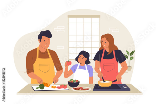 Family Cooking Together Illustration with Parents and Child Preparing Food in Kitchen. Illustrations for websites, landing pages, mobile apps, posters and banners
